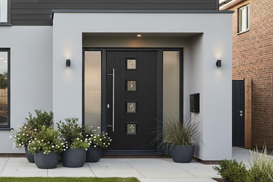 modern composite door and side panels in grey with long bar handle