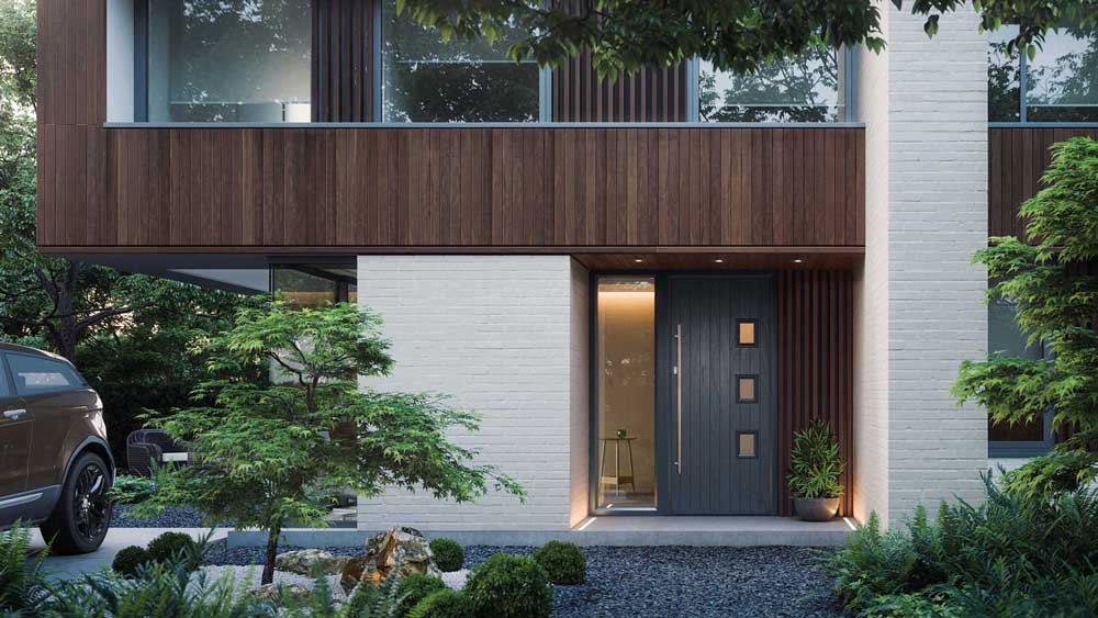 grey coloured modern composite door with a long bar handle