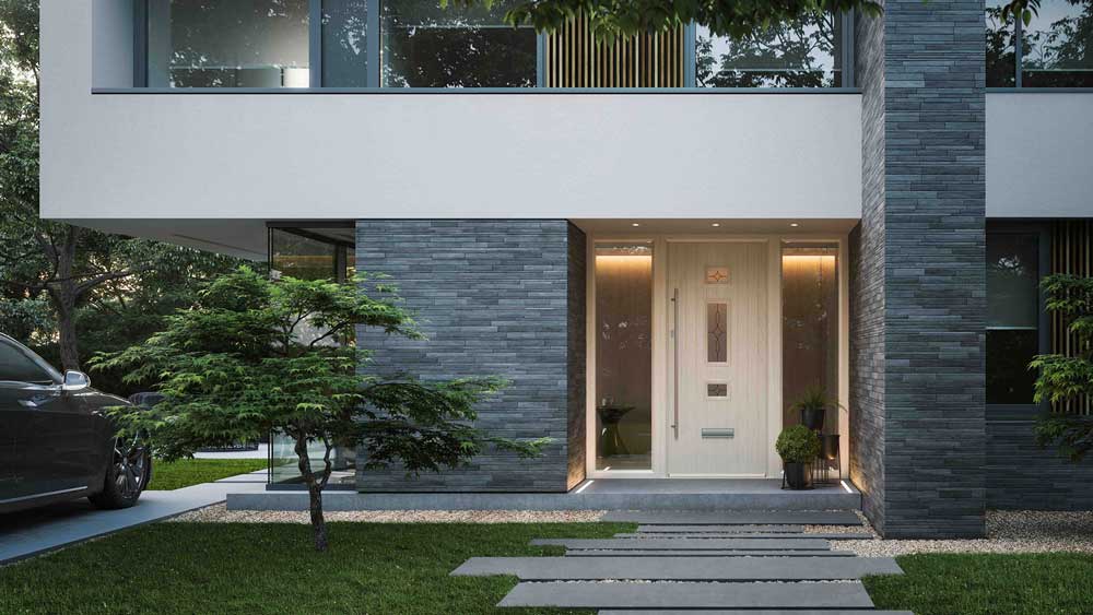 white modern front door with 2 large glass side panels