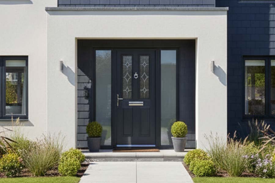 traditional style grey composite front door and side panels