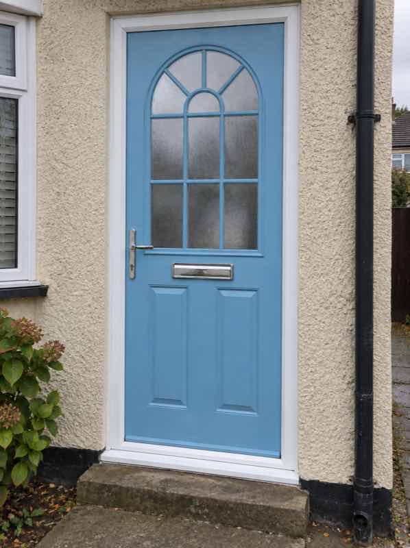 2 Panel 1 Sunburst Composite Front Door in Pastel Blue